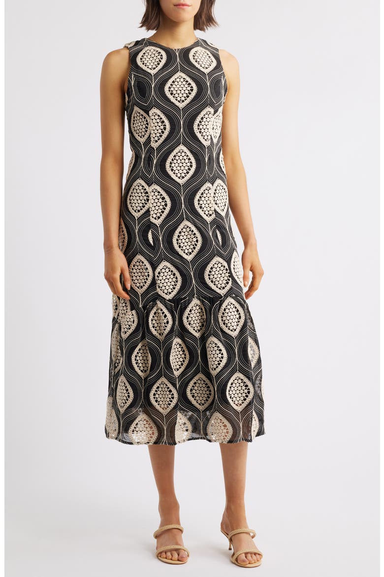 Austrid Embroidered Sleeveless Dress, Main, color, BLACK/ CREAM