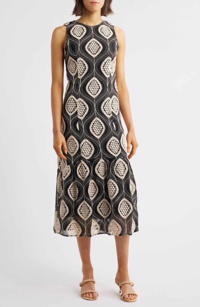 Adelyn Rae Austrid Embroidered Sleeveless Dress, Main, color, Black/ Cream
