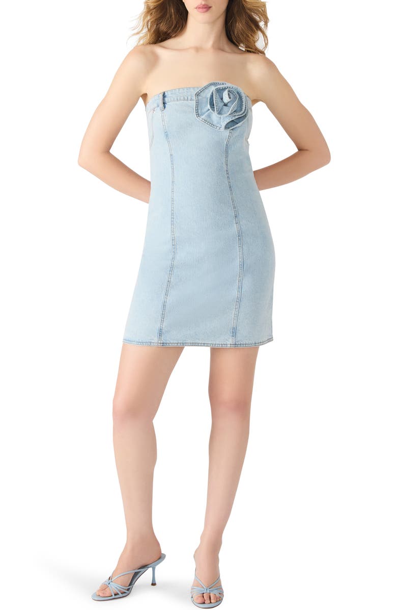 Steve Madden Rosette Strapless Denim Minidress, Main, color, Delray Wash