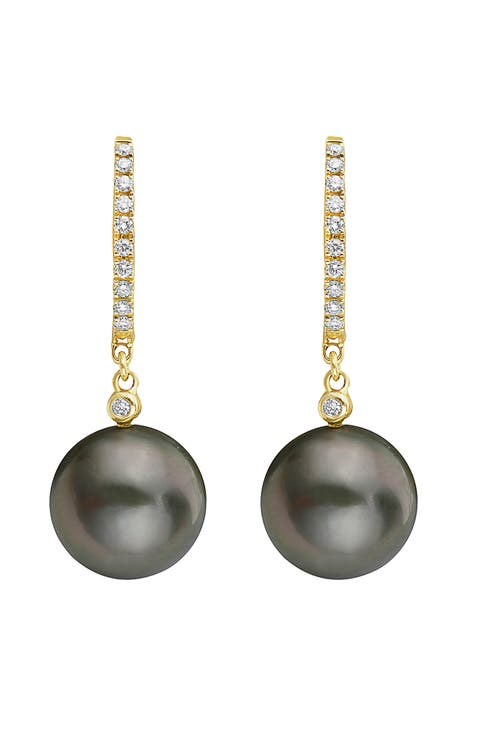 14K Yellow Gold ,Black/Tahitian Pearl Earrings