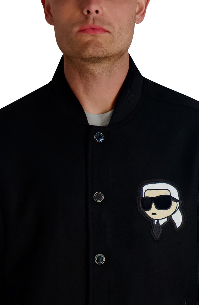 KARL LAGERFELD PARIS Karl Faux Leather Sleeve Varsity Bomber Jacket, Alternate, color, Black