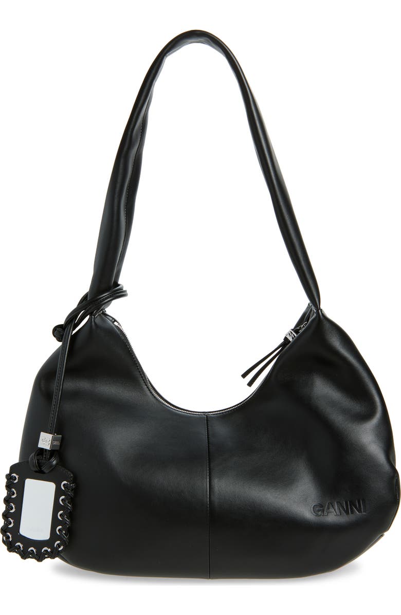 Ganni Medium Bou Leather Hobo Bag, Alternate, color, Black