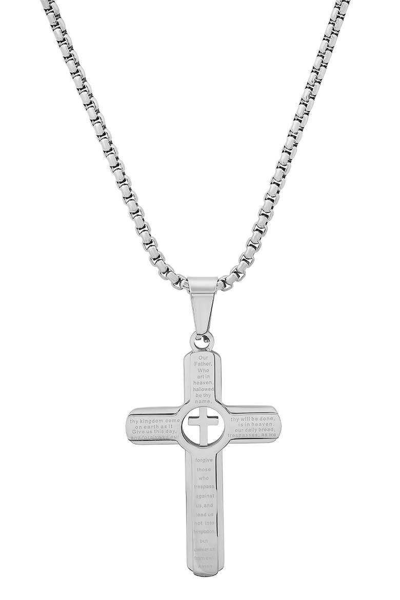 Men's Lord's Prayer Cross Pendant Necklace, Main, color, SILVER