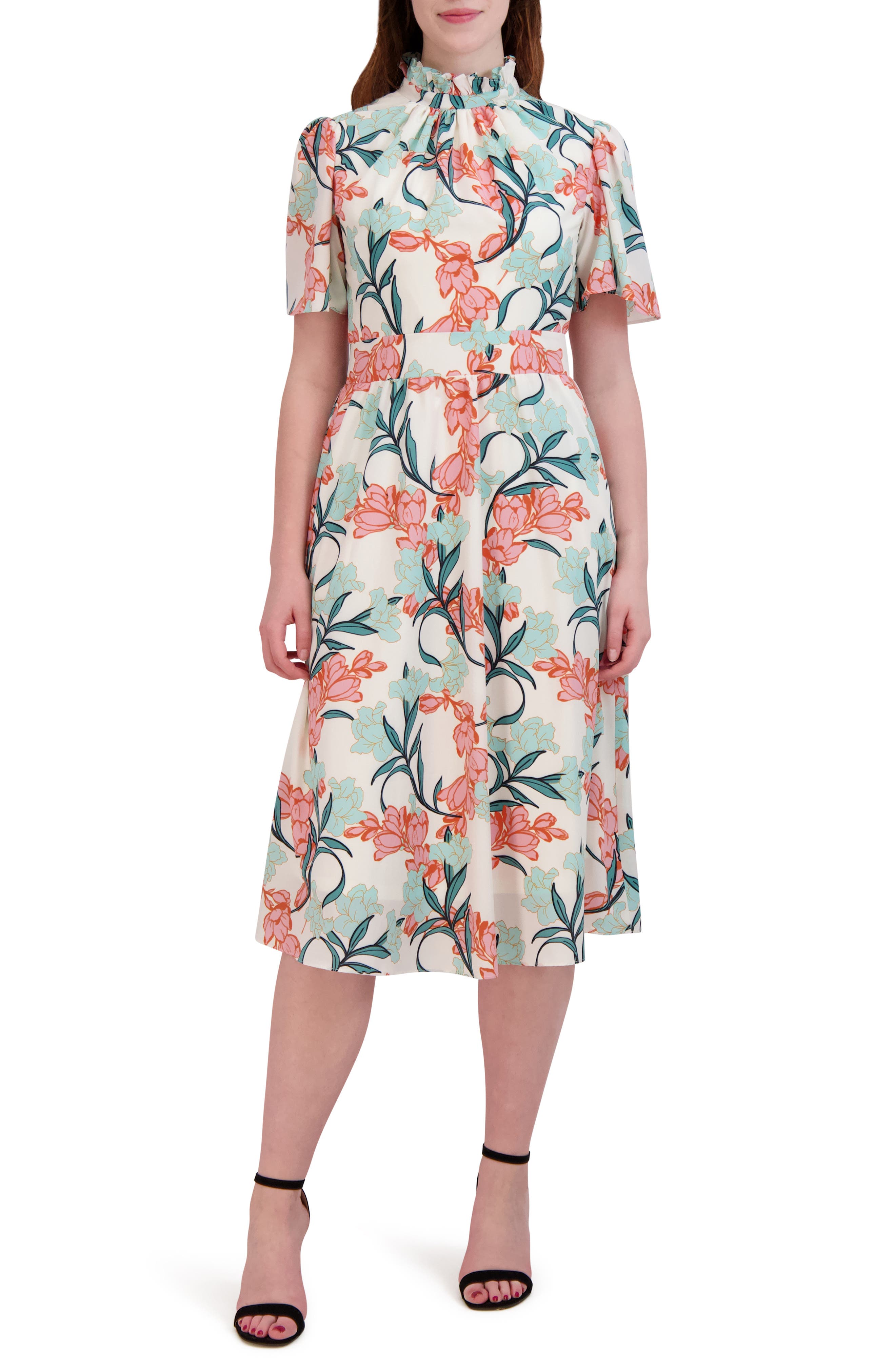 Julia Jordan Floral Print Flutter Sleeve Midi Dress (Women) | Nordstromrack