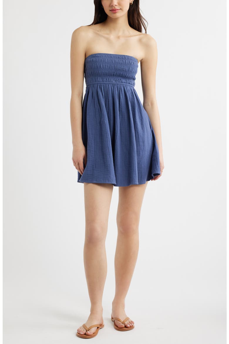 Cutout Strapless Cotton Minidress, Main, color, BLUE INDIGO