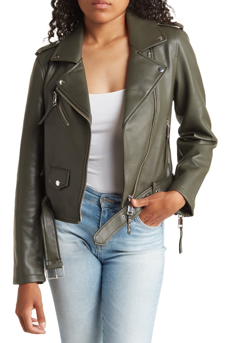 Faux Leather Moto Jacket, Main, color, OLIVE