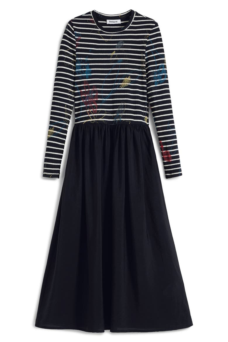 Long Sleeve Mixed Media Midi Dress, Alternate, color, BLACK