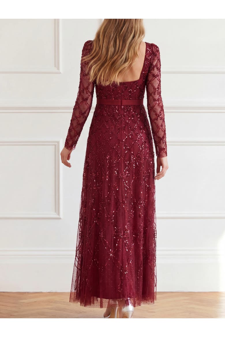 Bow Lattice Long Sleeve Sequin Gown, Alternate, color, Garnet