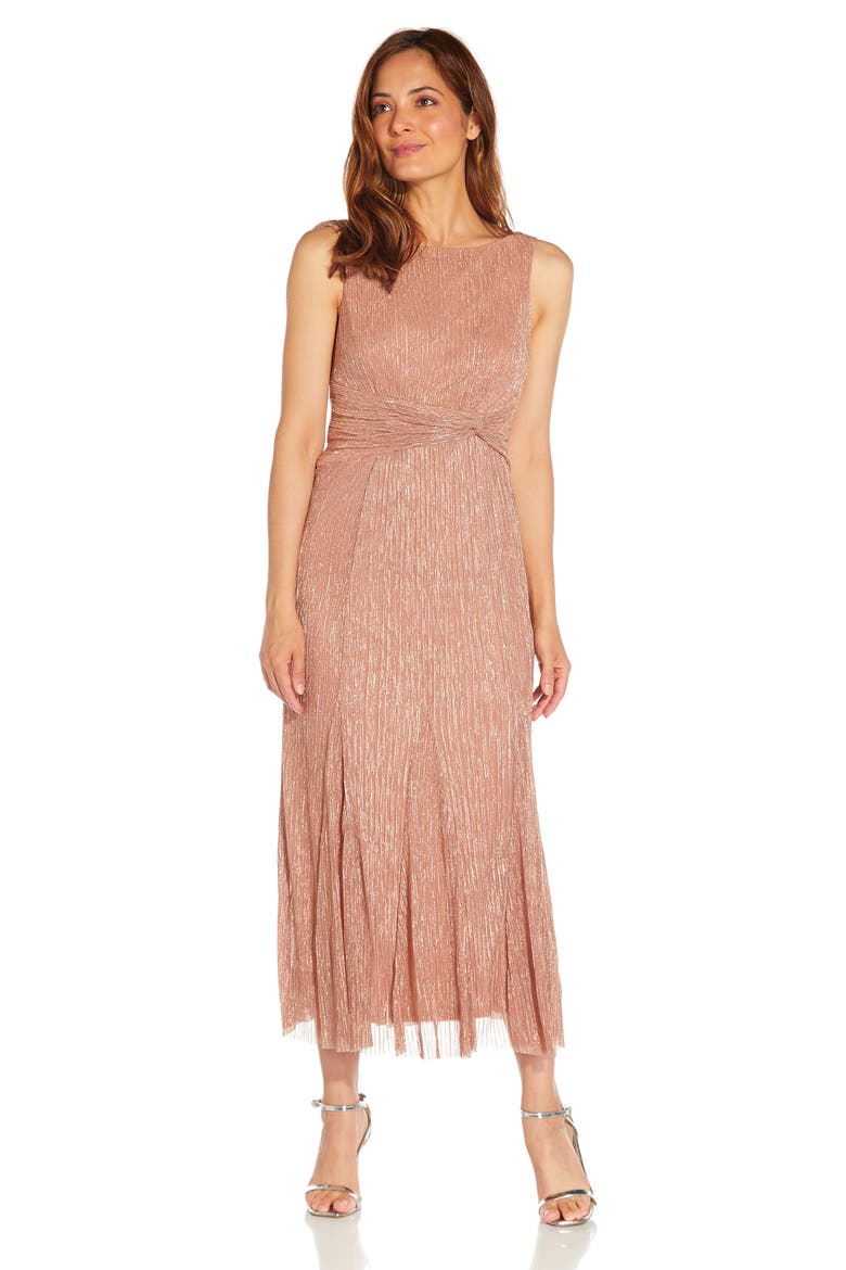 Metallic Plissé Cowl Back Dress, Alternate, color, ROSE GOLD