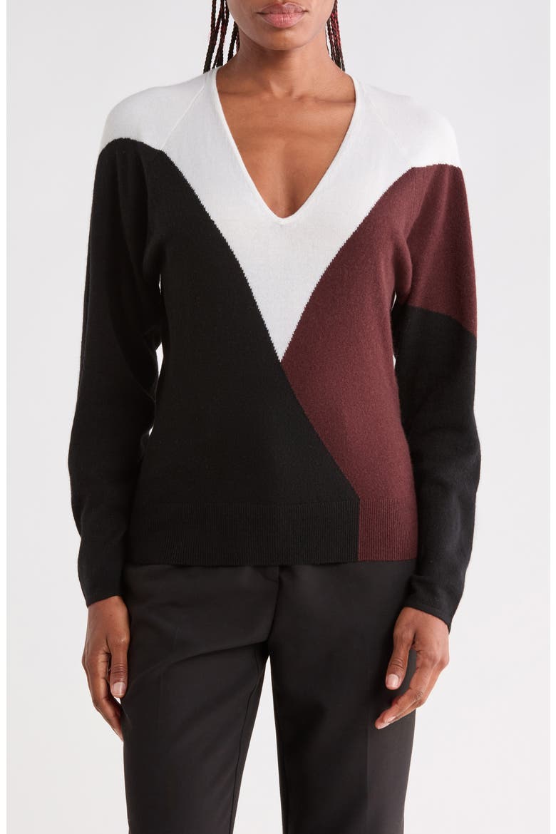 June Colorblocked V-Neck Sweater, Main, color, BLACK/ BURGUNDY/WHITE