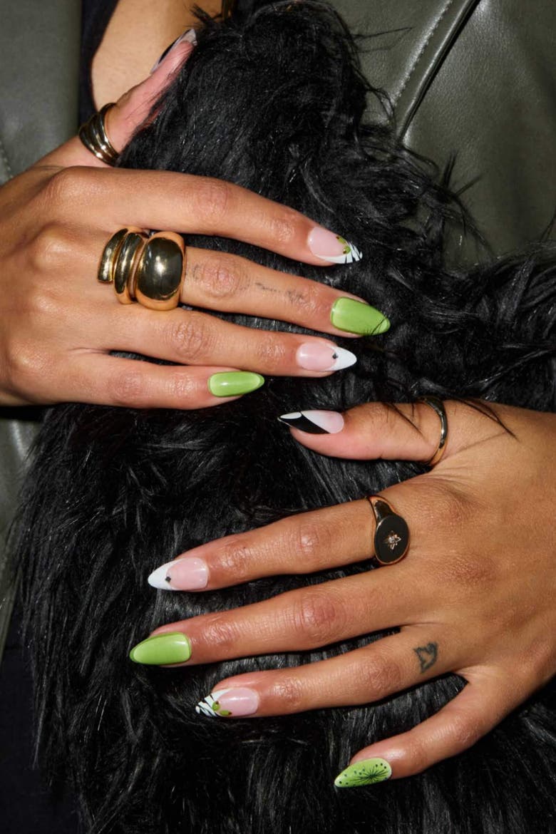 Zebratini Short Almond Press On Nails, Alternate, color, Green