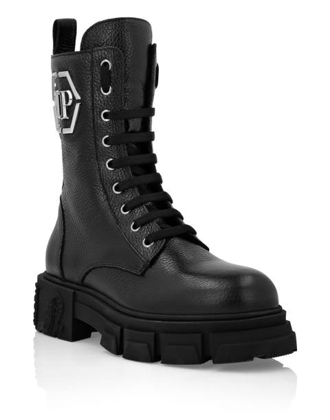 Embossed Leather Boots Mid Flat Women