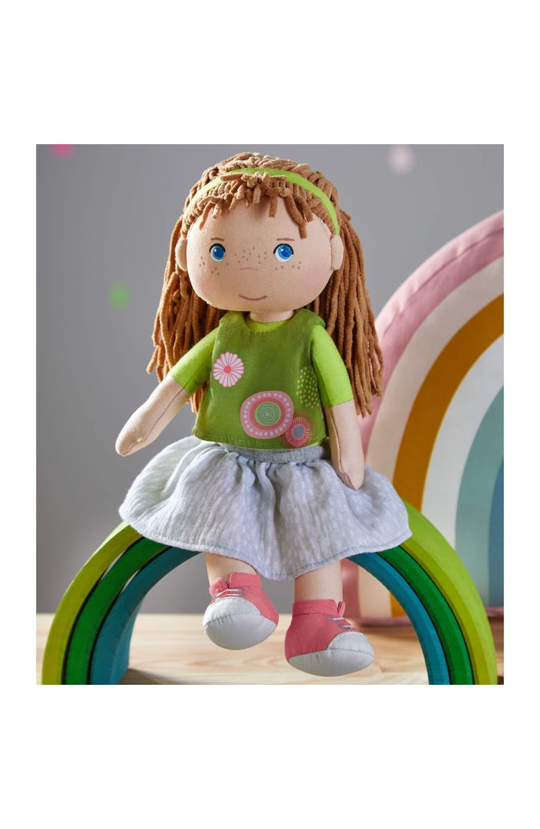 HABA 12" Soft Baby Doll Hedda with Brown Hair, Blue Eyes & Embroidered Face, Washable Toddler Doll for 18 Months+, Alternate, color, Green Multi