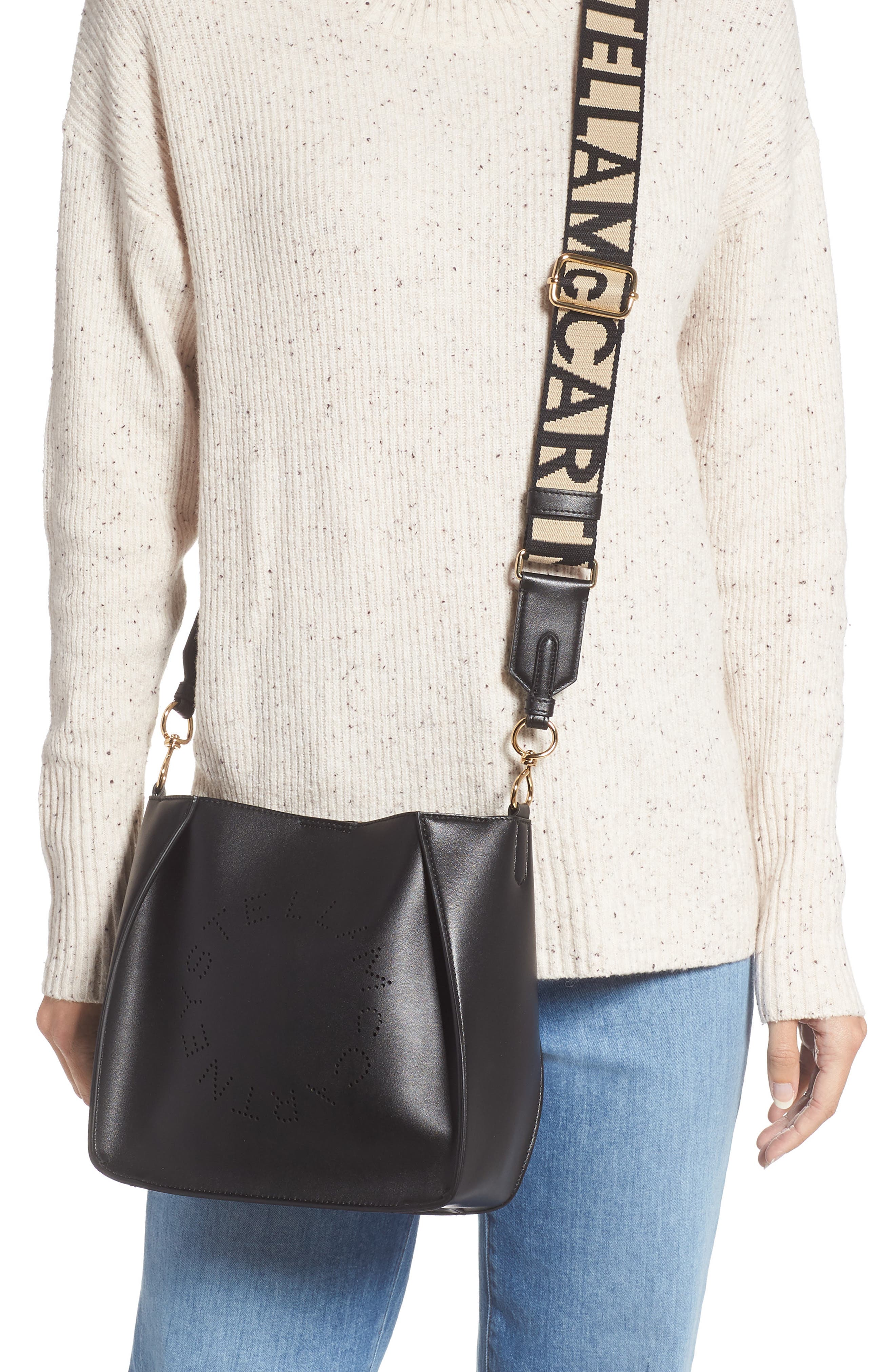 Perforated Logo Faux Leather Crossbody Bag, Alternate, color, BLACK
