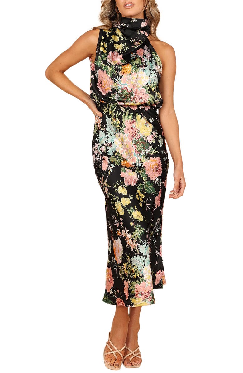 Petal & Pup Anabelle Funnel Neck Satin Midi Dress, Main, color, Black Floral