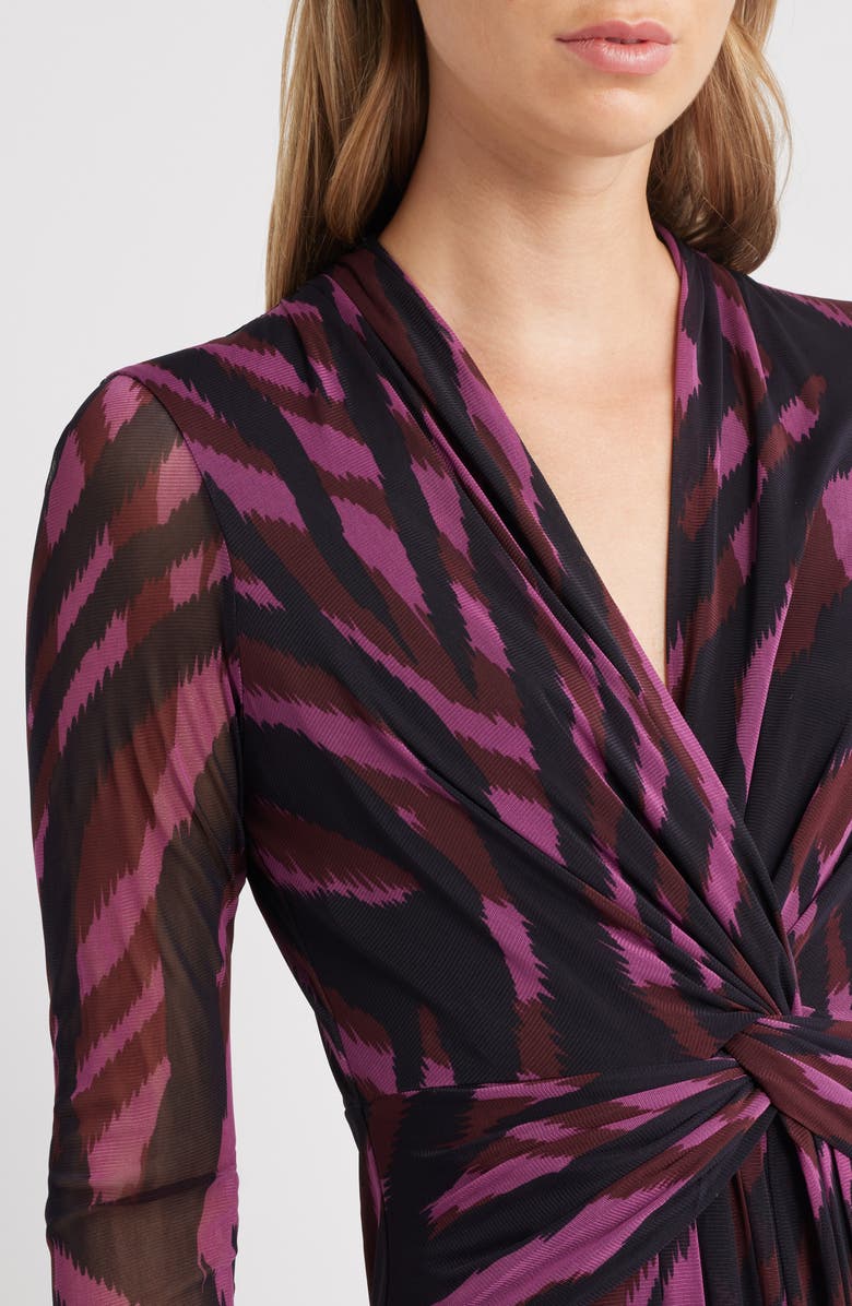 Anne Klein Abstract Print Twist Front Long Sleeve Mesh Maxi Dress, Alternate, color, Animal Stripes L230v01