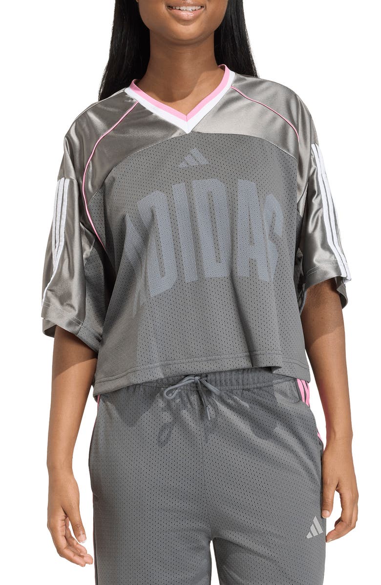 adidas Stadium Graphic Mesh T-Shirt, Main, color, Grey Six/ St Tropic Bloom