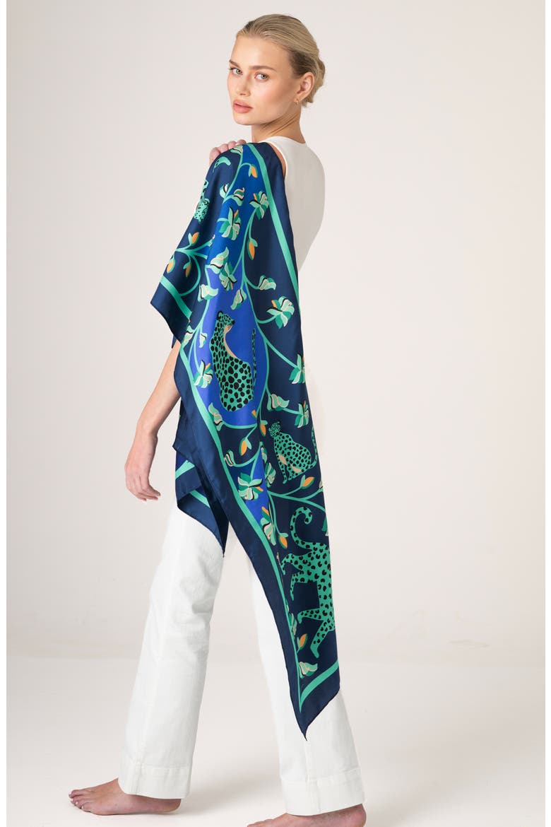 Leopards In The Verdant Wild Oblong Silk Scarf, Alternate, color, Blue
