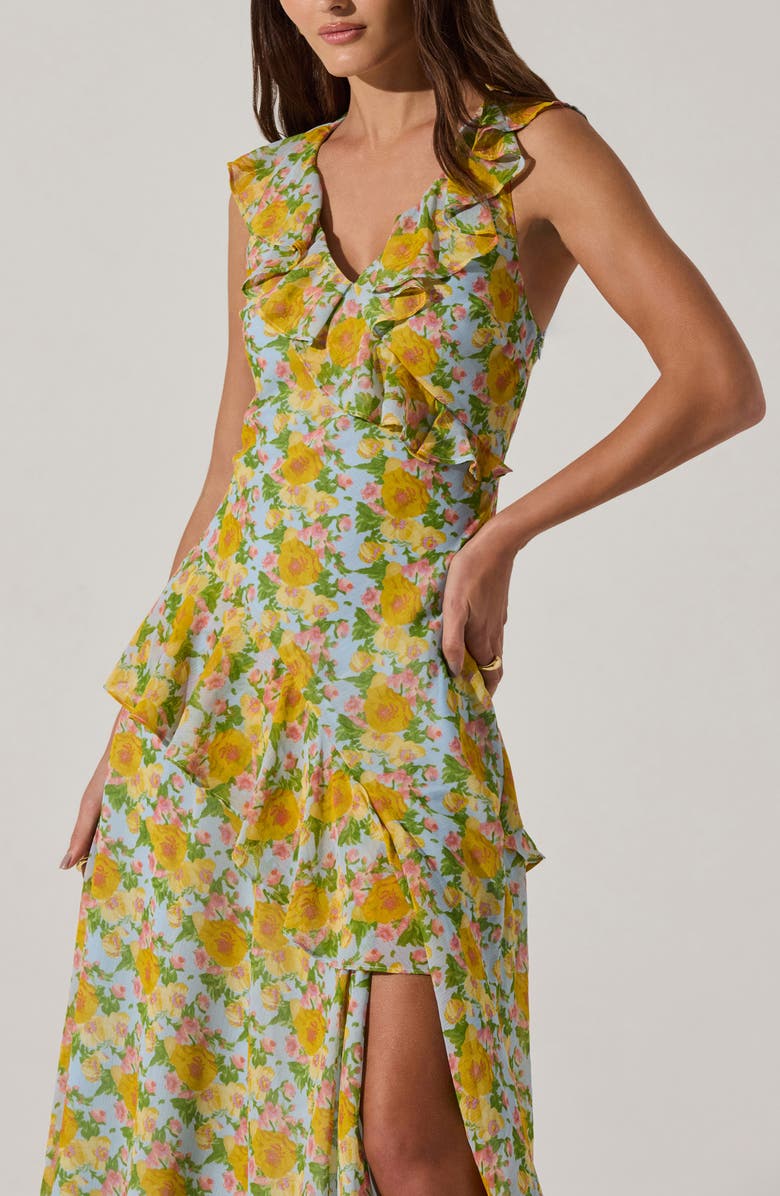 ASTR the Label Ruffle Sleeveless High-Low Midi Dress, Alternate, color, Blue Multi Floral