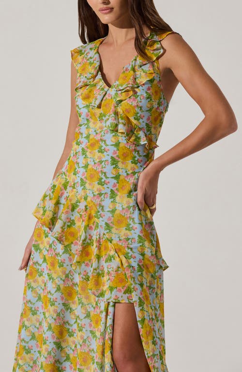 Astr The Label Ruffle Sleeveless High-low Midi Dress In Blue Multi Floral