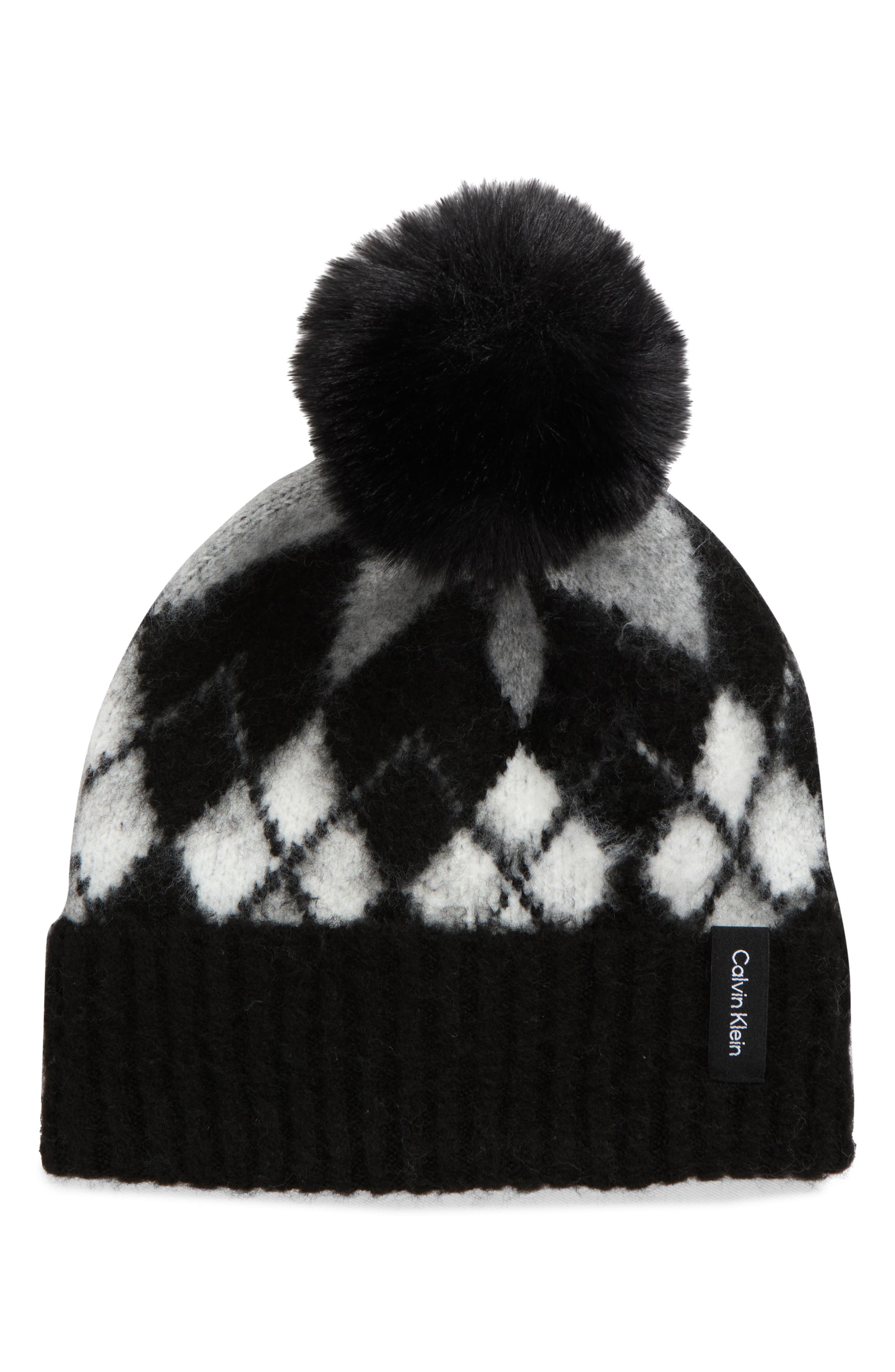 Argyle Faux Fur Pompom Beanie