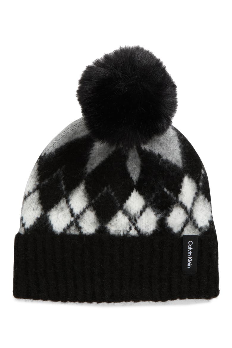 Argyle Faux Fur Pompom Beanie, Main, color, BLACK