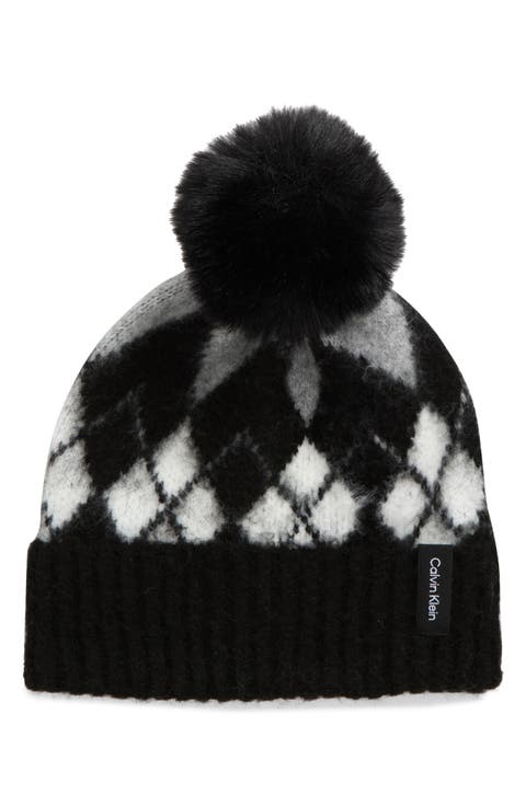 Argyle Faux Fur Pompom Beanie