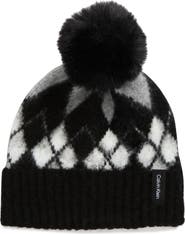 Calvin Klein Argyle Faux Fur Pompom Beanie