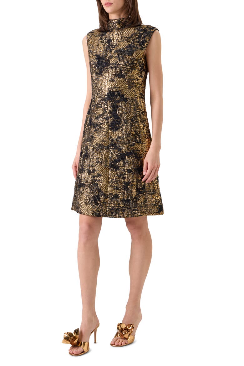 Fragmented Techno Lamé Jacquard Dress, Alternate, color, GOLD-BLACK