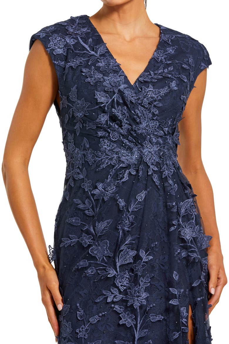 Petite Faux Wrap Embroidered Cap Sleeve Gown, Alternate, color, Midnight