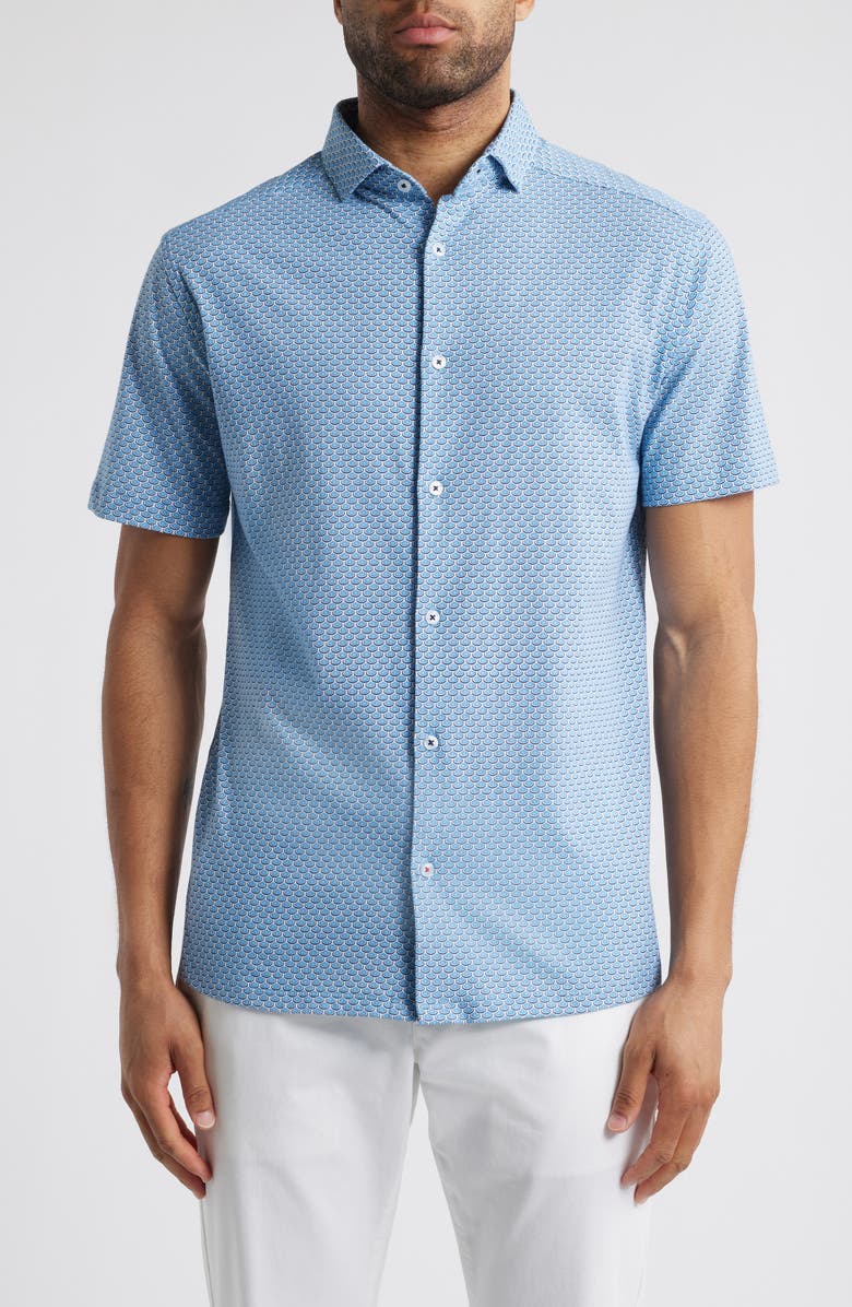 Stone Rose Oval Geo Performance Short Sleeve Button-Up Shirt, Main, color, 