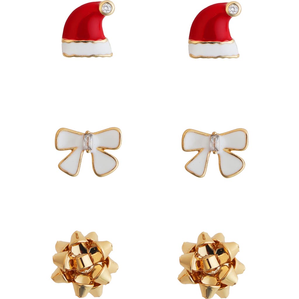 Panacea Set Of 3 Christmas Stud Earrings In Gold