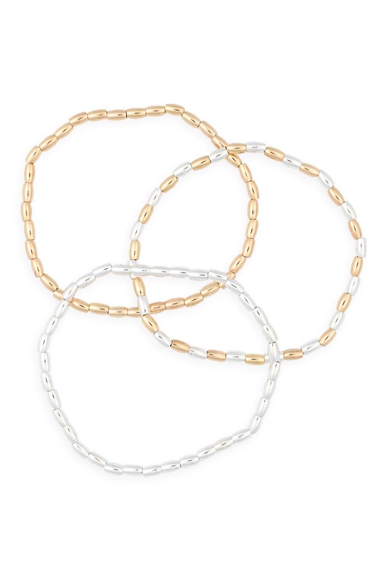 Set of 3 Metal Bead Stretch Bracelets, Main, color, GOLD- SILVER