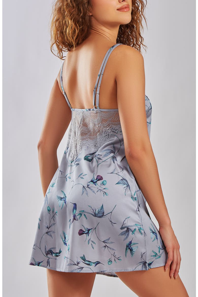 Elegant Hummingbird Print Satin Chemise with Lace Accent, Alternate, color, GRAY