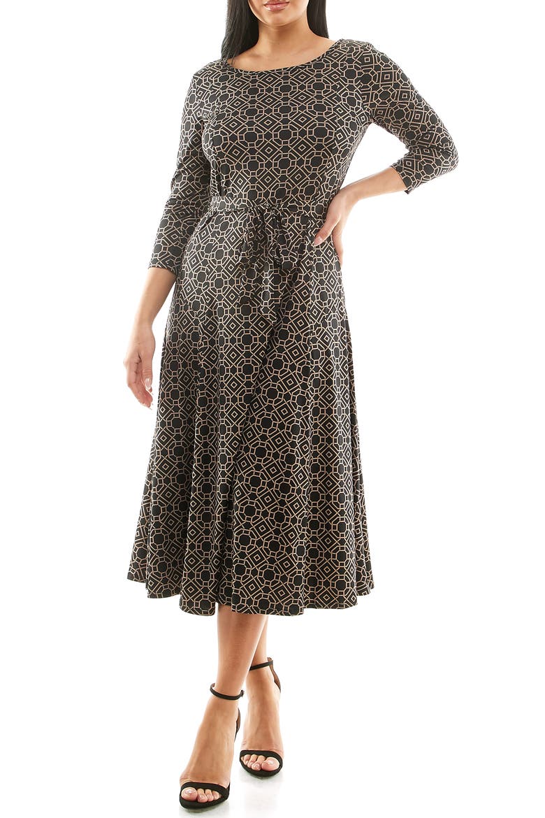 Crewneck Three-Quarter Sleeve Midi Dress, Main, color, BLACK/ MINK