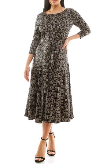 Nina Leonard Crewneck Three-quarter Sleeve Midi Dress In Black/mink