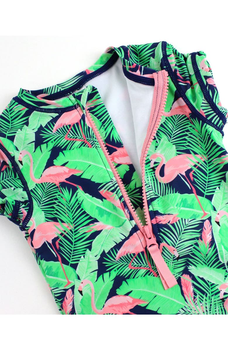 RuffleButts Toddler Girls Short Sleeve UPF50+ One Piece Rash Guard, Alternate, color, Flamingo Frenzy
