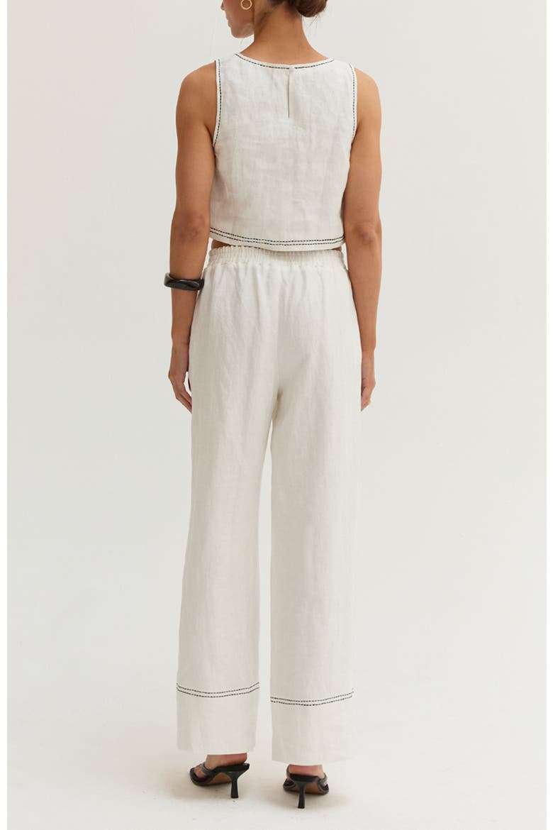 Contrast Stitch Cropped Top & Pants Linen Two Piece Set, Alternate, color, White