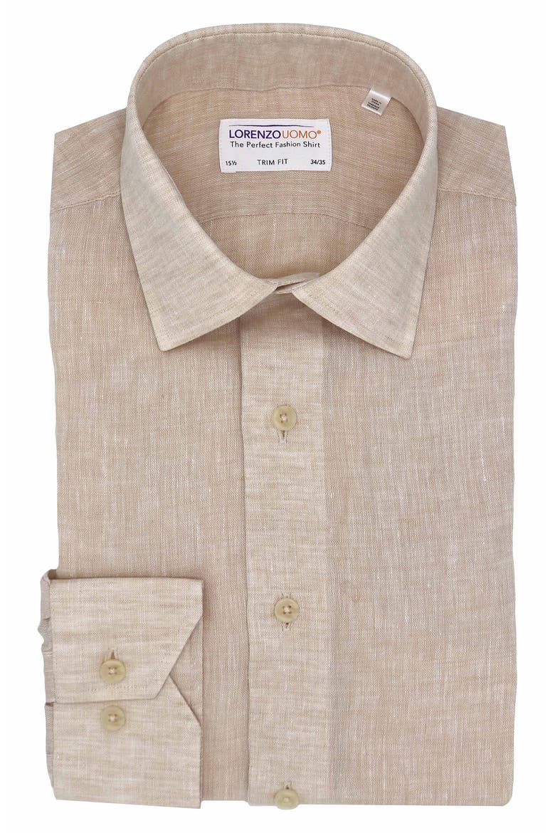 Solid Linen Trim Fit Dress Shirt, Main, color, LATTE