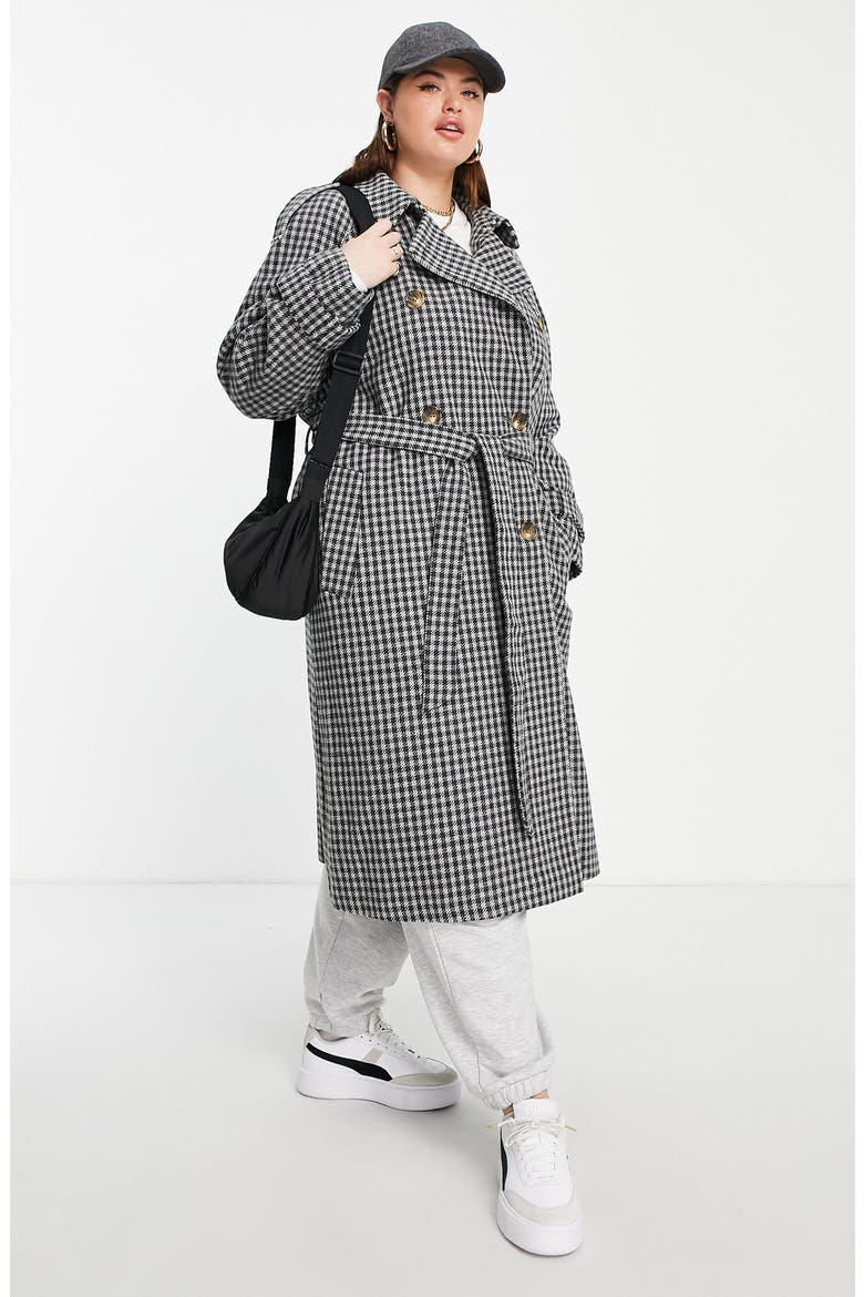 Curve Houndstooth Belted Trench Coat, Alternate, color, BLACK