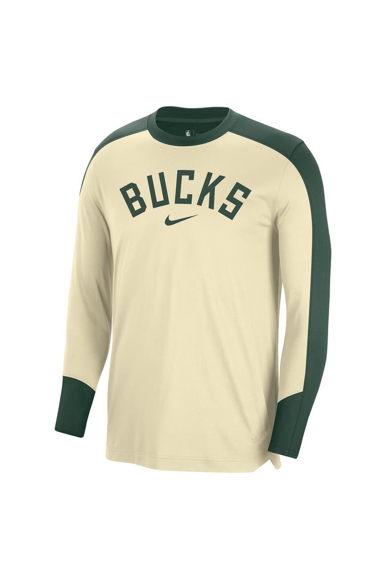 Men's Nike Cream Milwaukee Bucks 2024/25 Authentic Pre-Game Legend Long Sleeve Shooting Shirt, Alternate, color, Cream