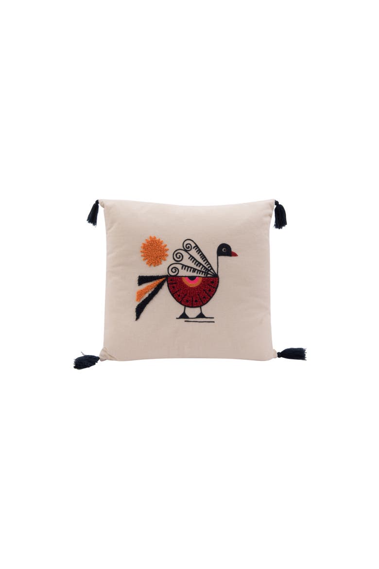 Square Cotton Pillow with Embroidered Peacock, Orange Sun & Corner Tassels, Main, color, White