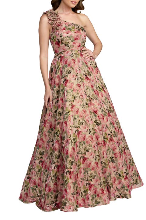 One Shoulder Velvet Floral Ball Gown