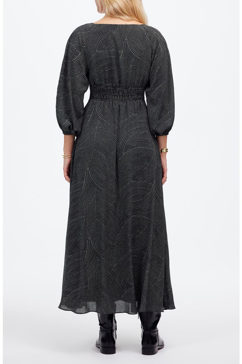 Geo Dot Print Balloon Sleeve Georgette Midi Dress, Alternate, color, PINDOT ARCHES TRUE BLACK