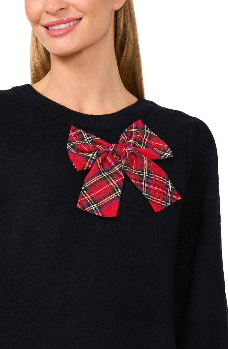CeCe Plaid Bow Sweater, Alternate, color, Rich Black