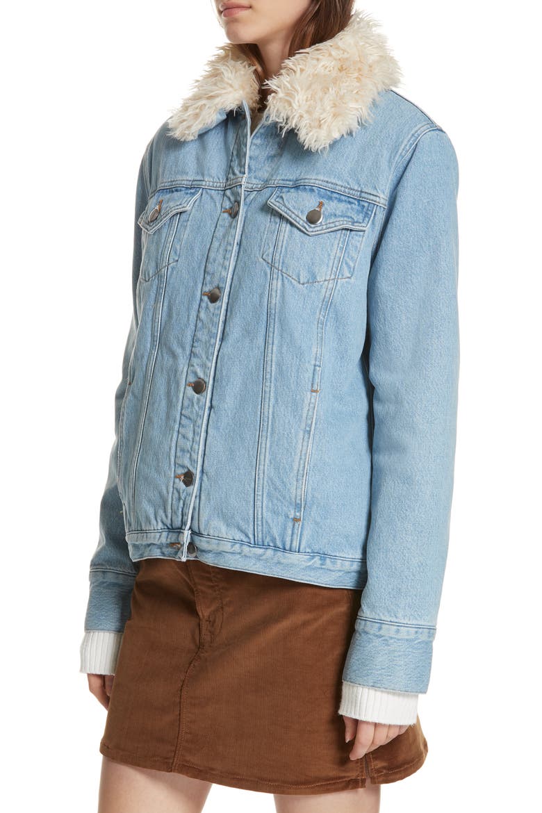 Le Curly Faux Shearling Collar Denim Jacket, Alternate, color, MONROE
