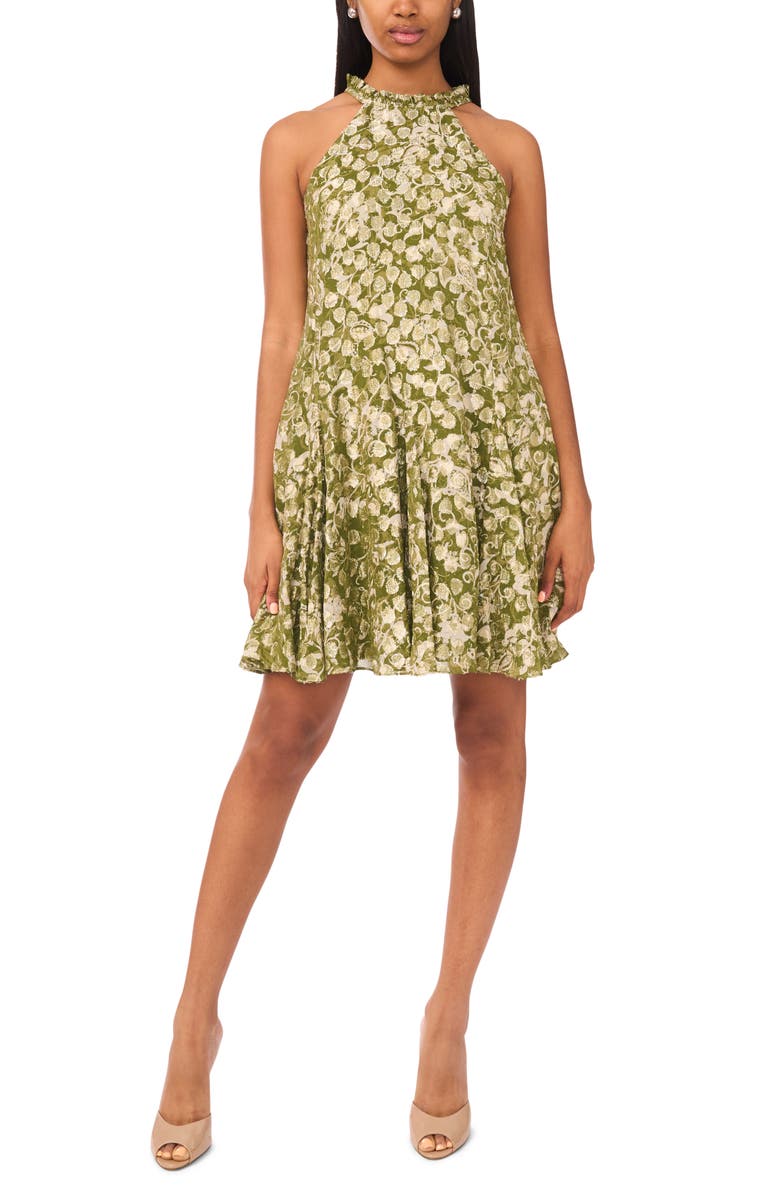 CeCe Metallic Leaf Print Dress, Main, color, Cedar Green