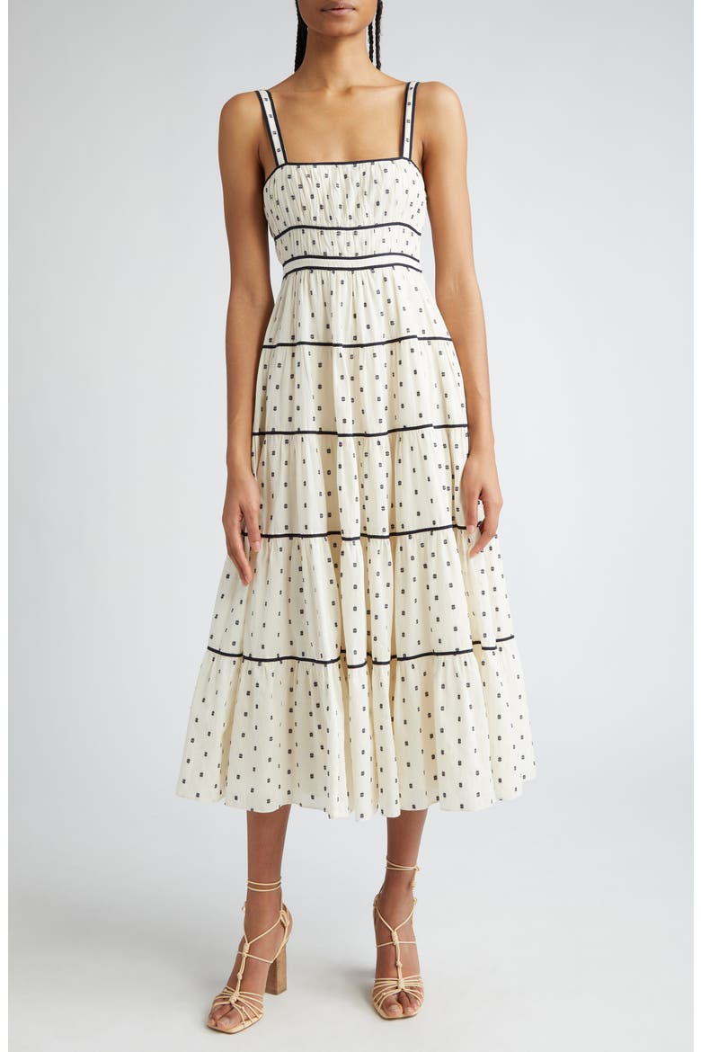Clemente Abstract Print Tiered Cotton Midi Sundress, Main, color, IVORY