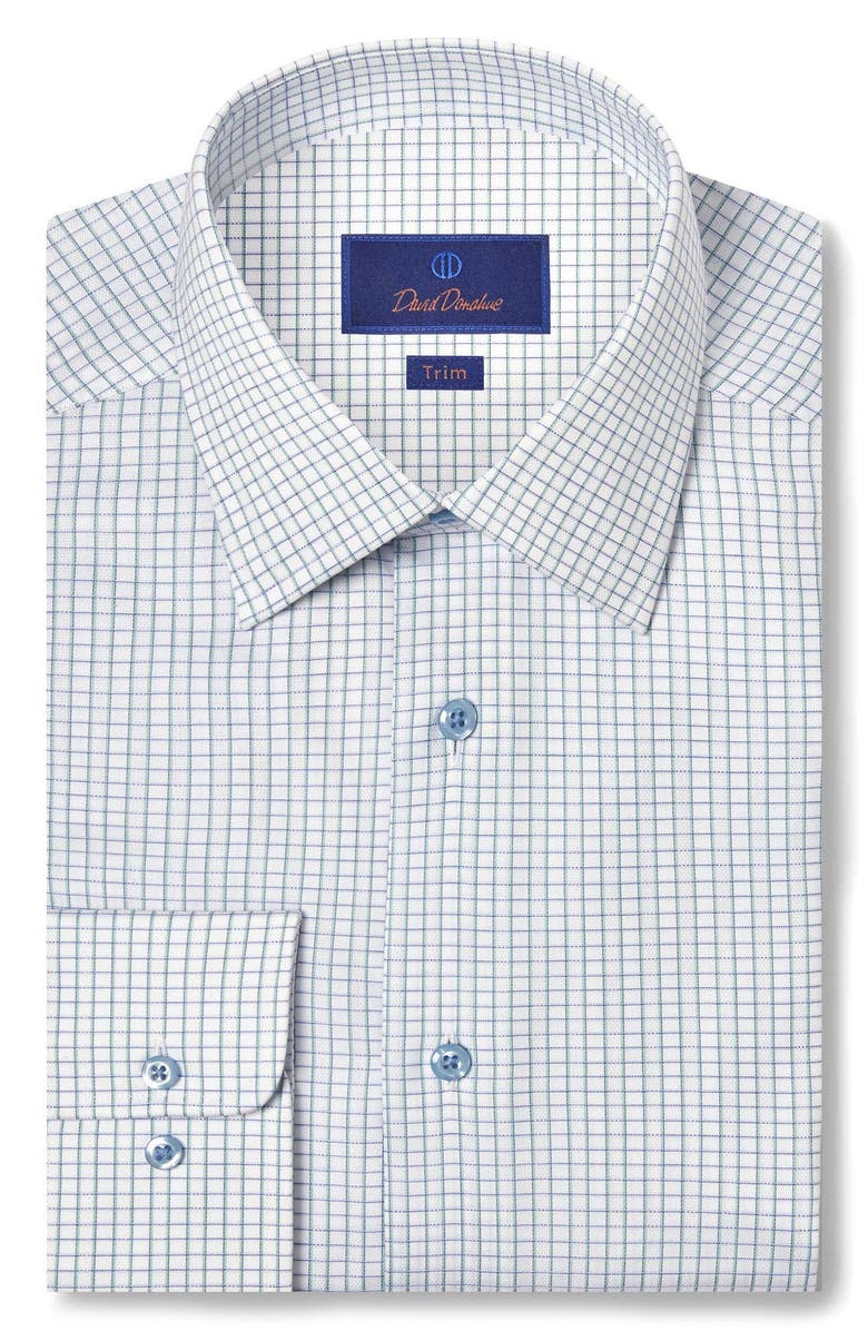David Donahue Trim Fit Check Cotton Dress Shirt, Main, color, Green/ Sky
