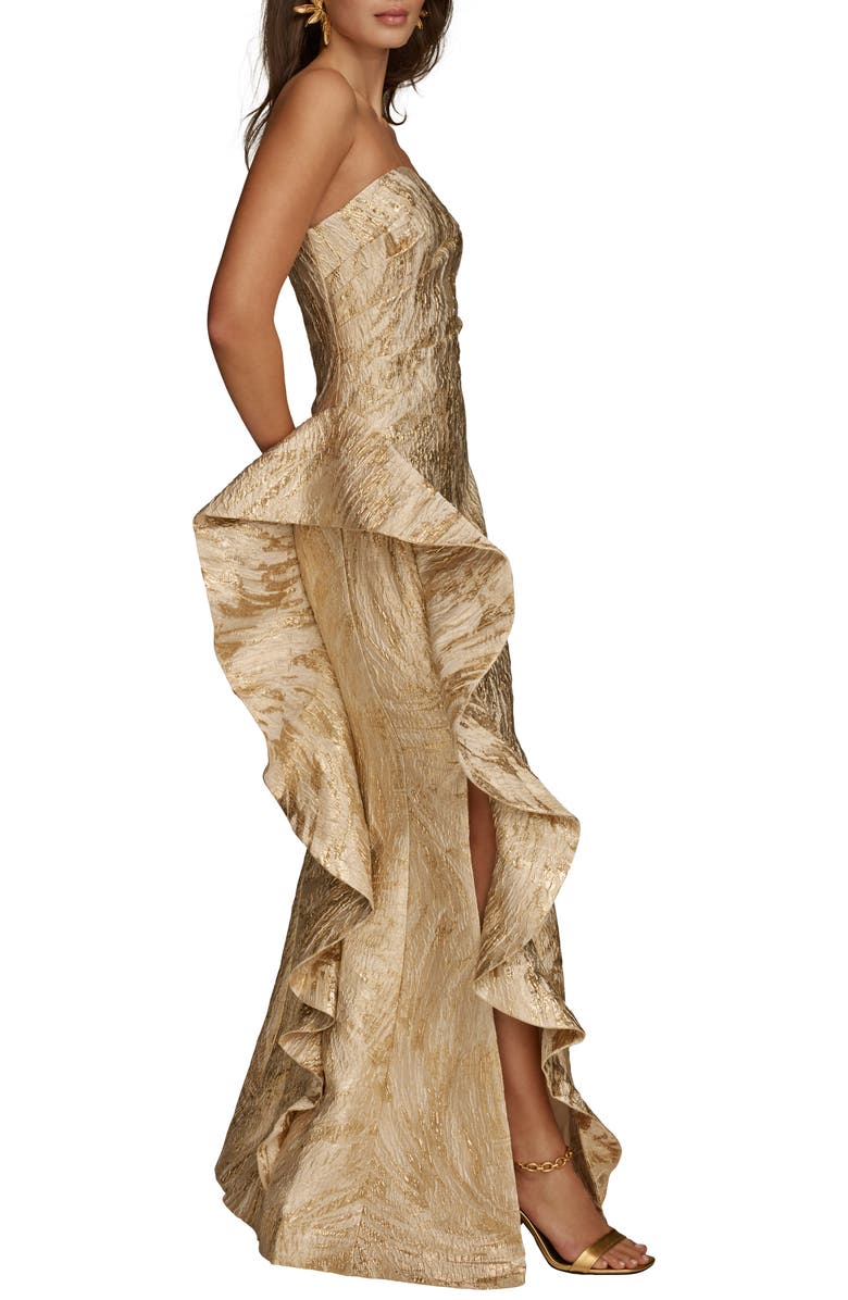 Donna Karan New York Metallic Ruffle Detail Strapless Gown, Alternate, color, Champagne